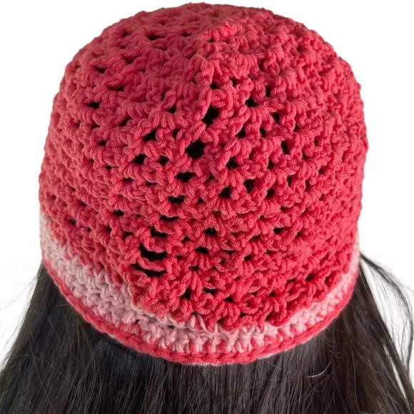 Crochet Baseball Cap Ponytail Hat Breathable Pattern Pink Adult Size Handmade - Picture 7 of 8